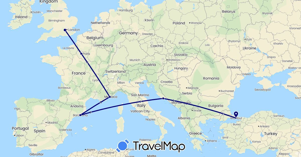 TravelMap itinerary: driving in Spain, France, United Kingdom, Croatia, Turkey (Asia, Europe)